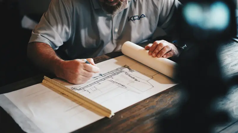 An engineer drafting plans on a blueprint