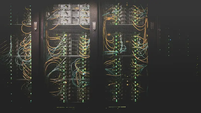 Rows of network cables and servers in a data centre